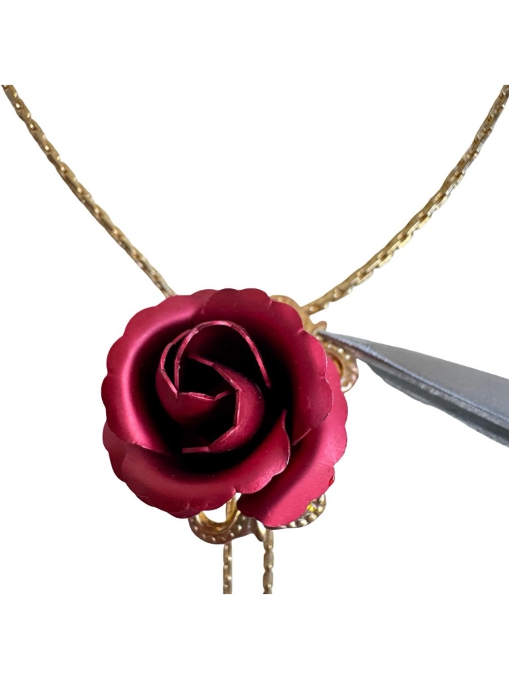 Vintage Red Rose Bolo Tie Lariat Necklace Gold Tone Chain Floral Pendant Jewelry - Picture 6 of 16
